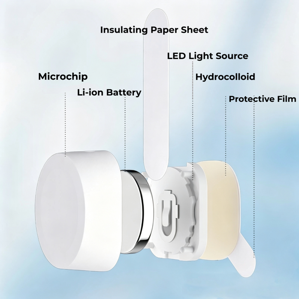 Hydrocolloid LED acne patch structure with replaceable adhesive layer