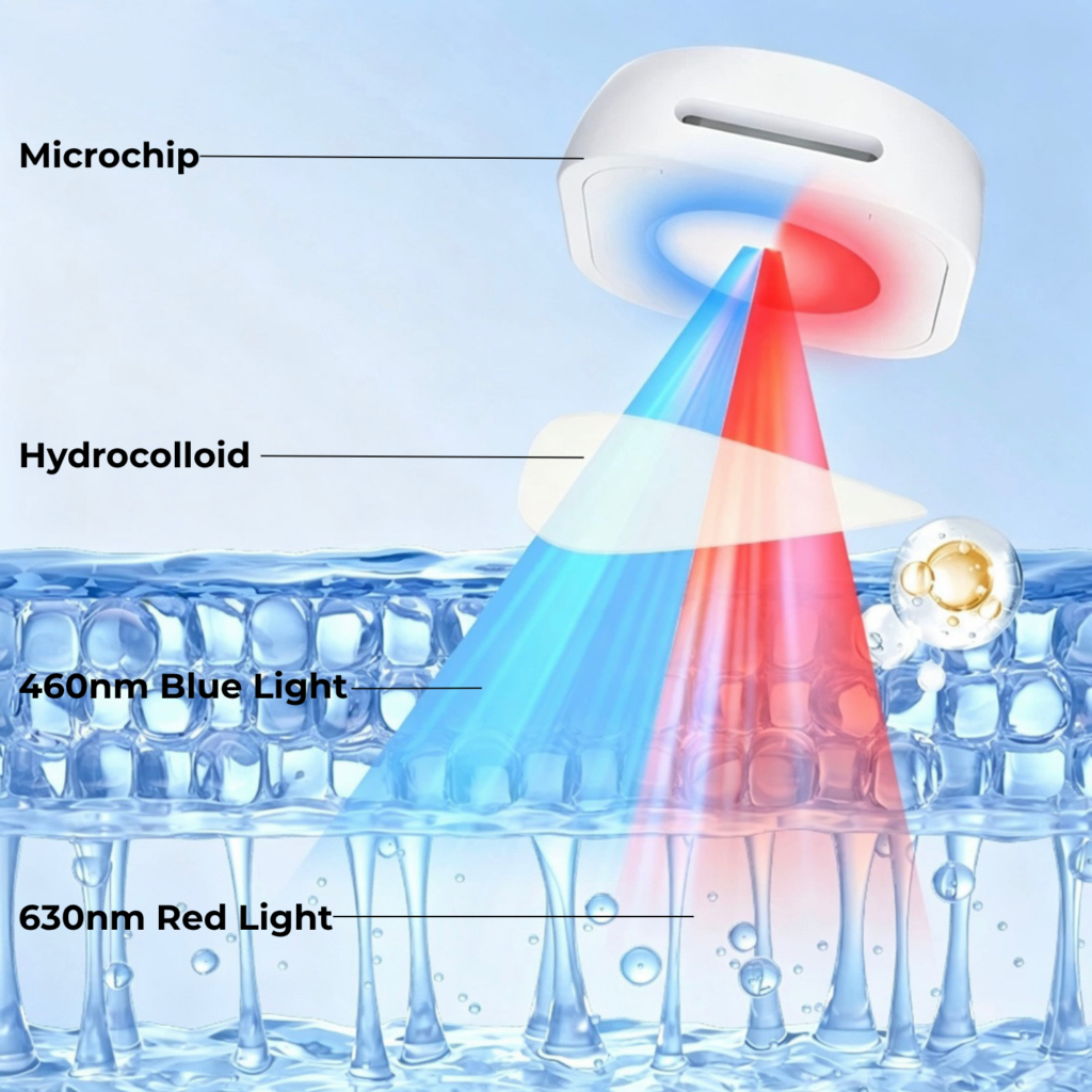 LED acne patch device with 630nm red light and 460nm blue light technology